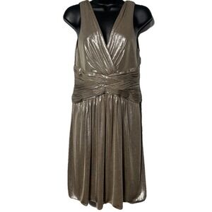 BCBGMaxazria Dress Size M Beige Gold Silver Metallic Sheath Cocktail Knee Length